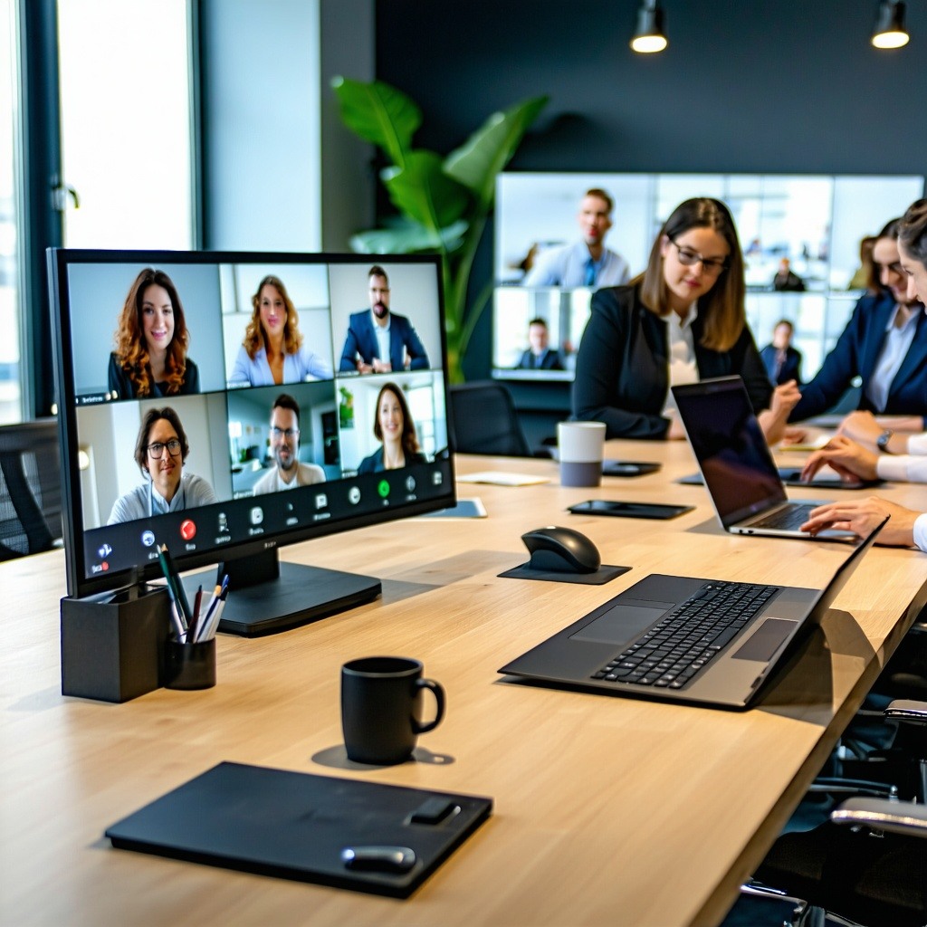 hybrid work meeting with colleagues on video conference and in person